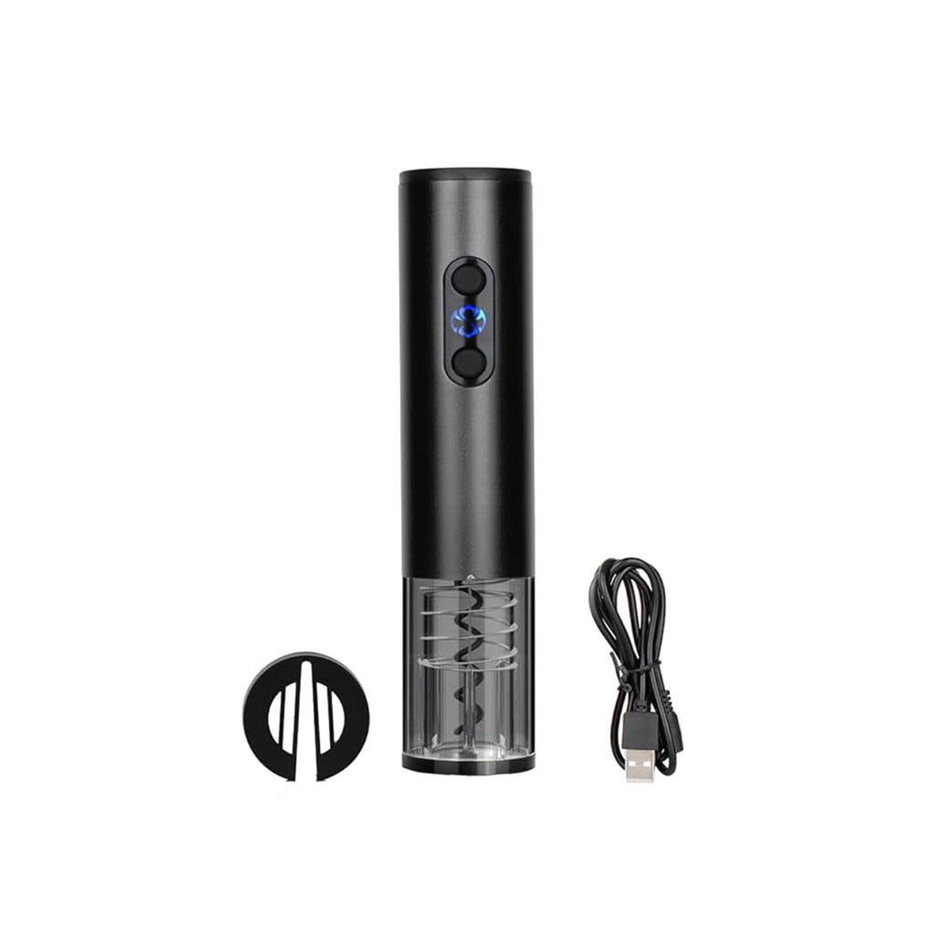 Black rechargeable electric wine opener in brushed aluminum with stainless steel corkscrew and foil cutter — view 2