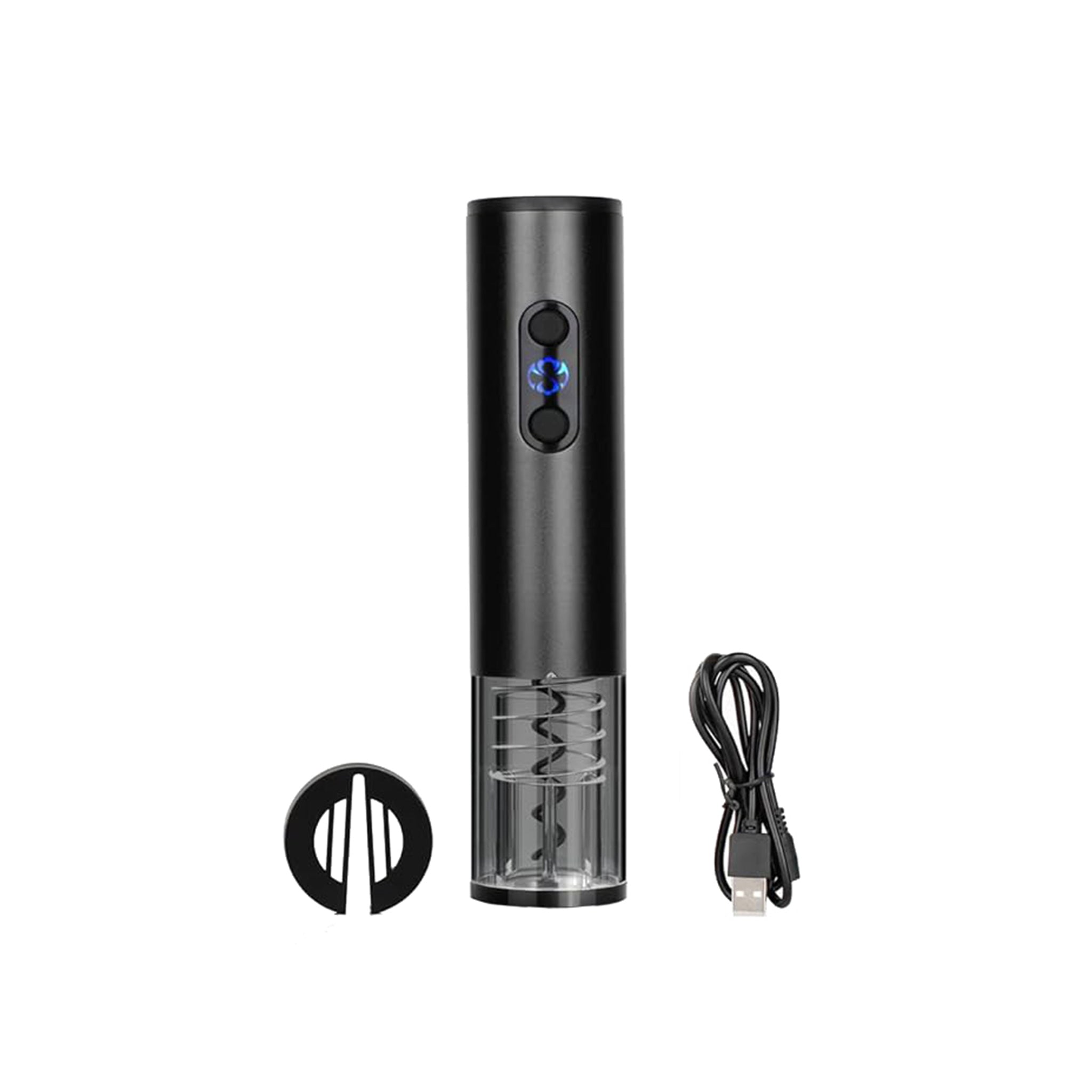 Black rechargeable electric wine opener in brushed aluminum with stainless steel corkscrew and foil cutter — view 2