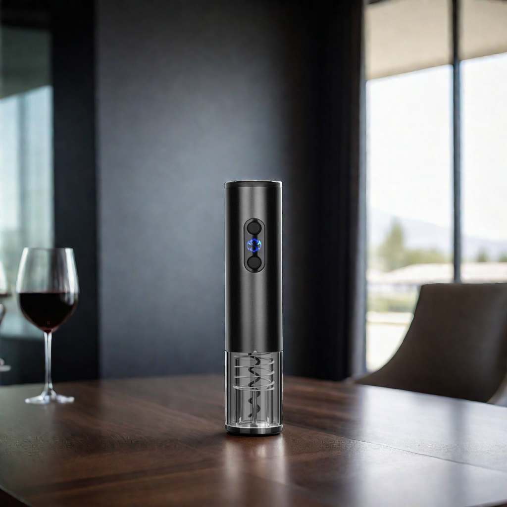 Black rechargeable electric wine opener in brushed aluminum with stainless steel corkscrew and foil cutter — view 4