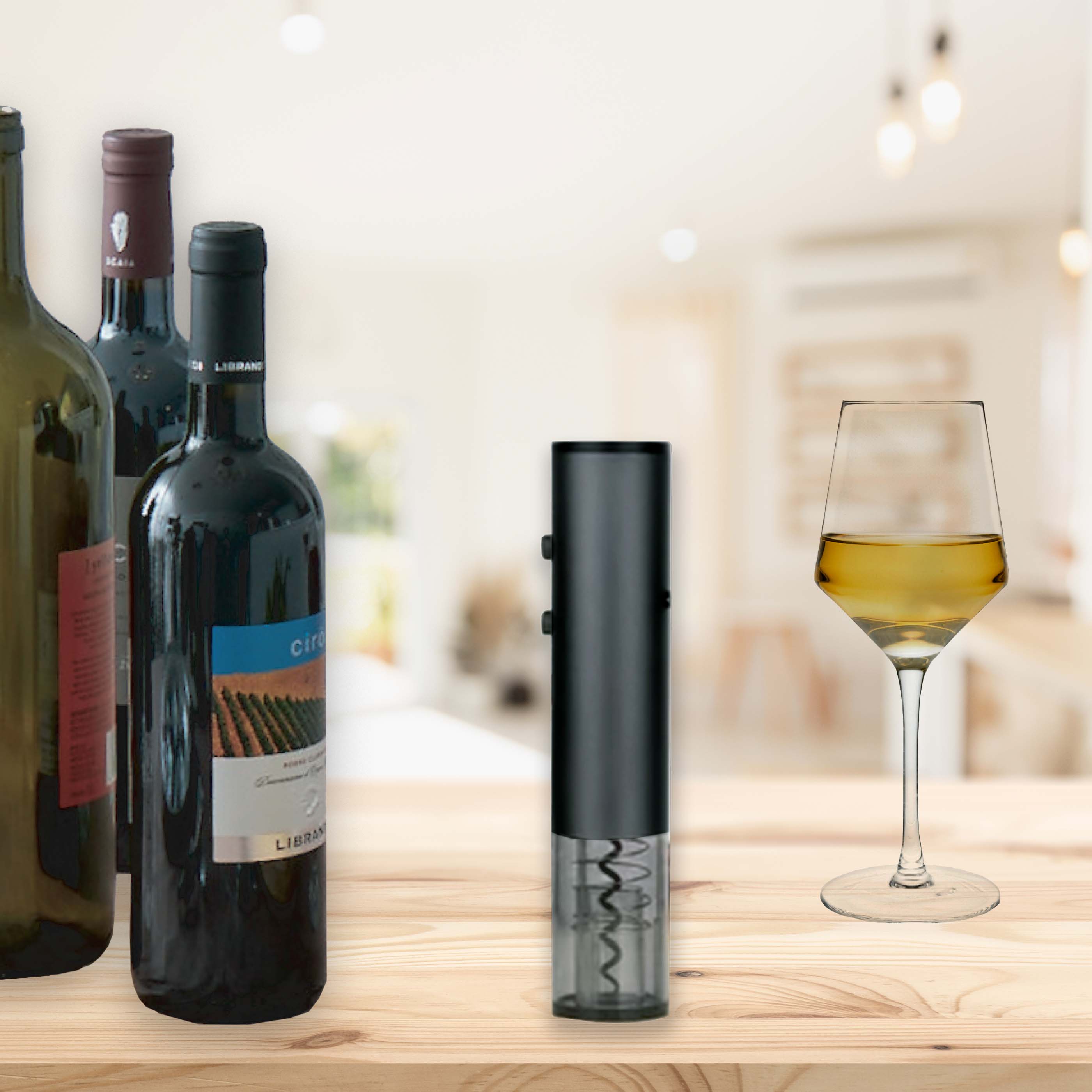Black rechargeable electric wine opener in brushed aluminum with stainless steel corkscrew and foil cutter — view 5