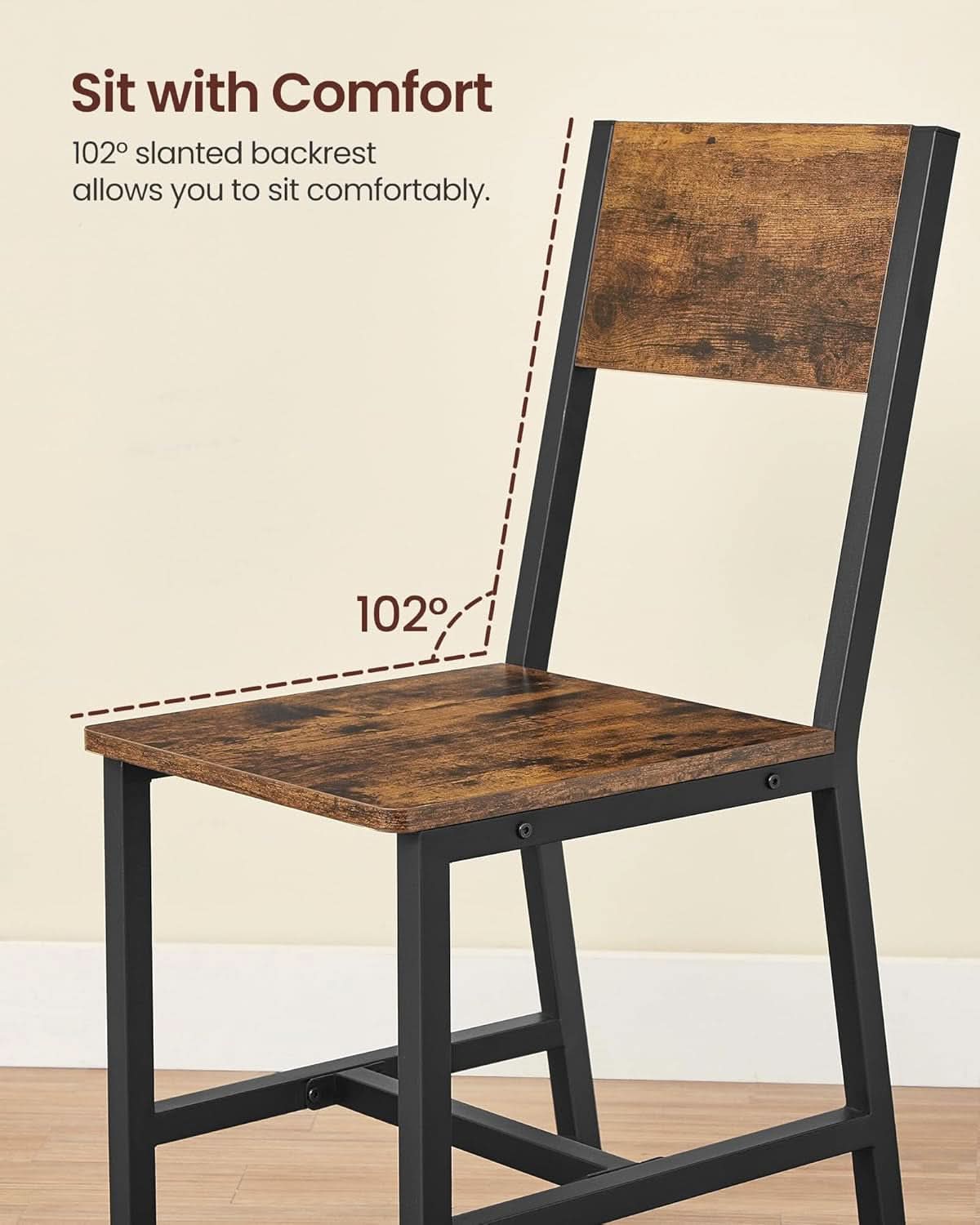 Rustic wood dining chairs set of two with brown seat and black metal frame — view 4