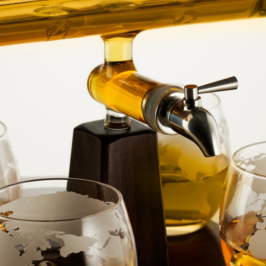 Hand-blown glass ship whiskey decanter with 1000ml capacity on a mahogany wood display base — view 4