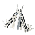 Stainless steel foldable multitool with open pliers scissors screwdriver and saw on a white background