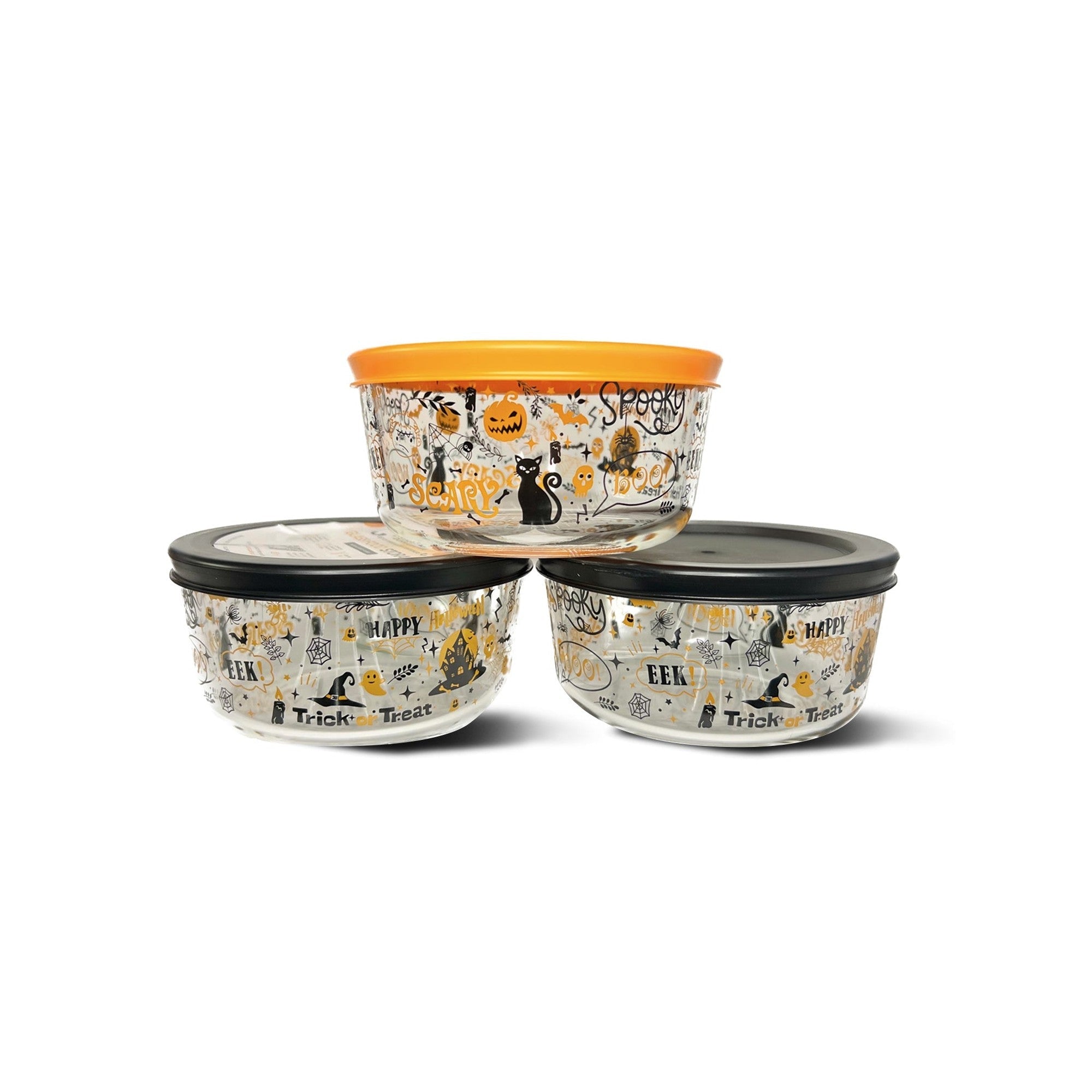 Halloween themed 2-cup glass storage containers with airtight lids in festive patterns