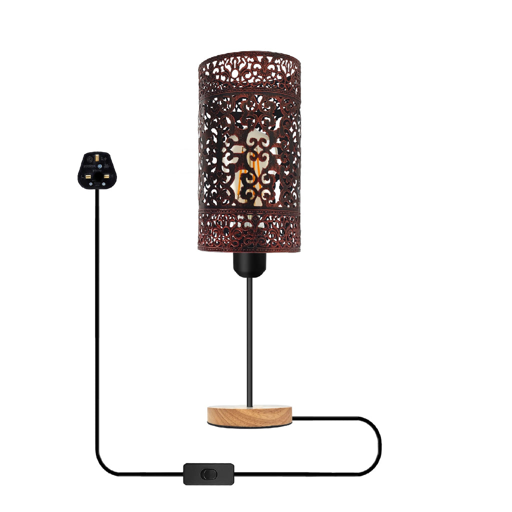 Industrial wire cage table lamp with wooden base black metal shade and exposed bulb — view 4