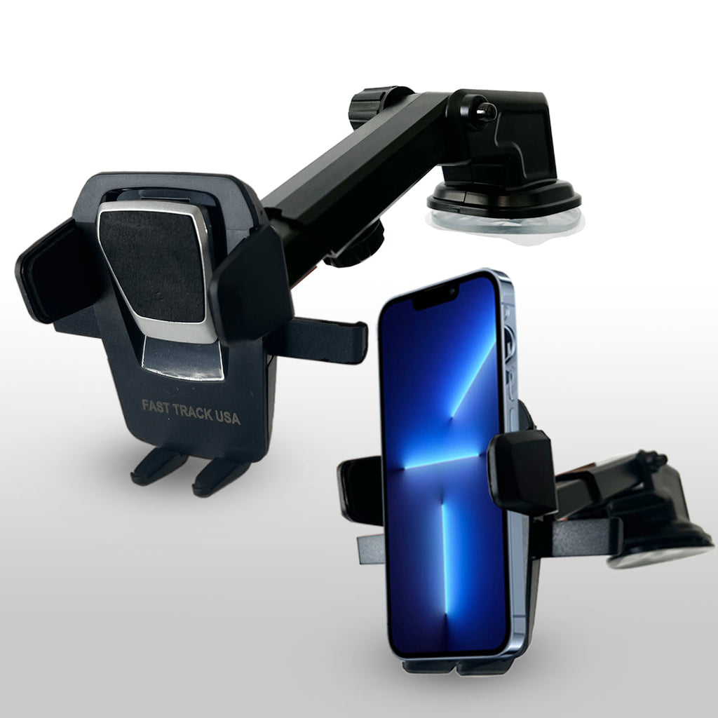 Adjustable long neck car phone mount with one touch release holding a smartphone on dashboard — view 3