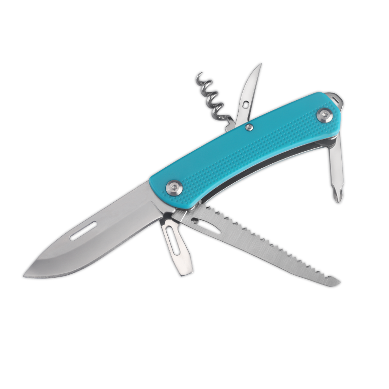 7-in-1 stainless steel pocket knife multitool with black plastic handle and multiple deployed utility blades — view 2