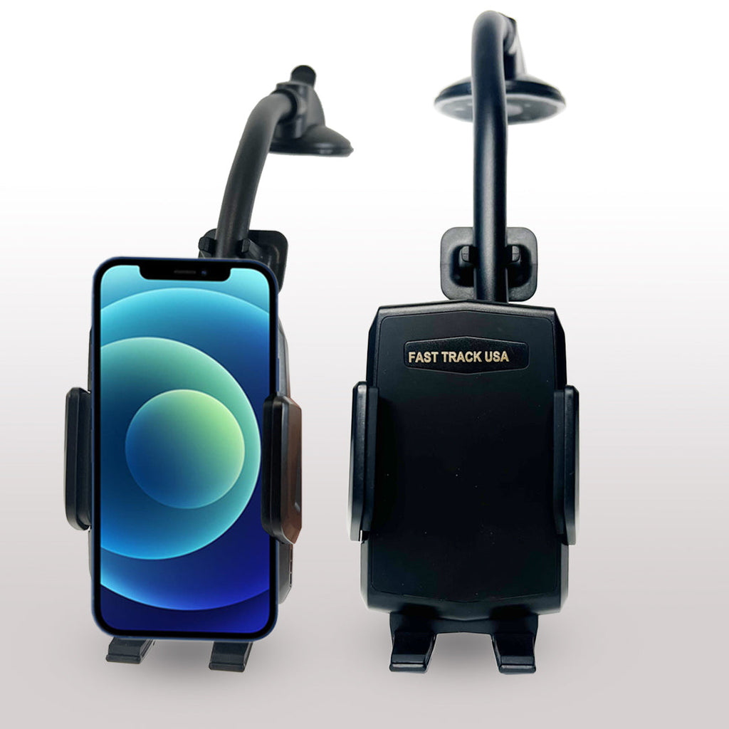 Black long neck car phone mount with anti-shake cradle holding a smartphone on a dashboard — view 3
