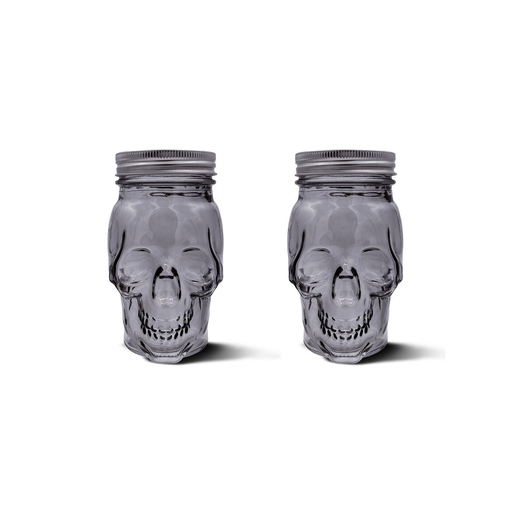 Smoke tinted skull mason jar set with two 16oz glass containers and matching airtight storage lids