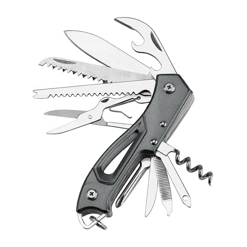 440 stainless steel folding pocket multi-tool knife with visible saw, scissors, and bottle opener tools.