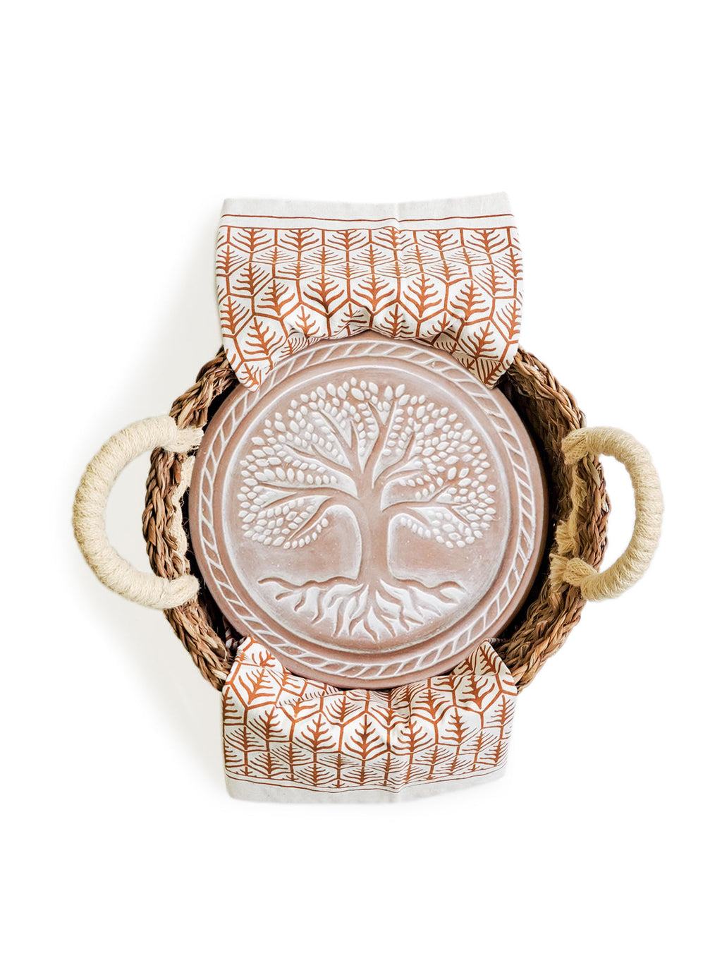 Terracotta tree of life bread warmer stone with woven seagrass basket and printed cotton tea towel — view 5