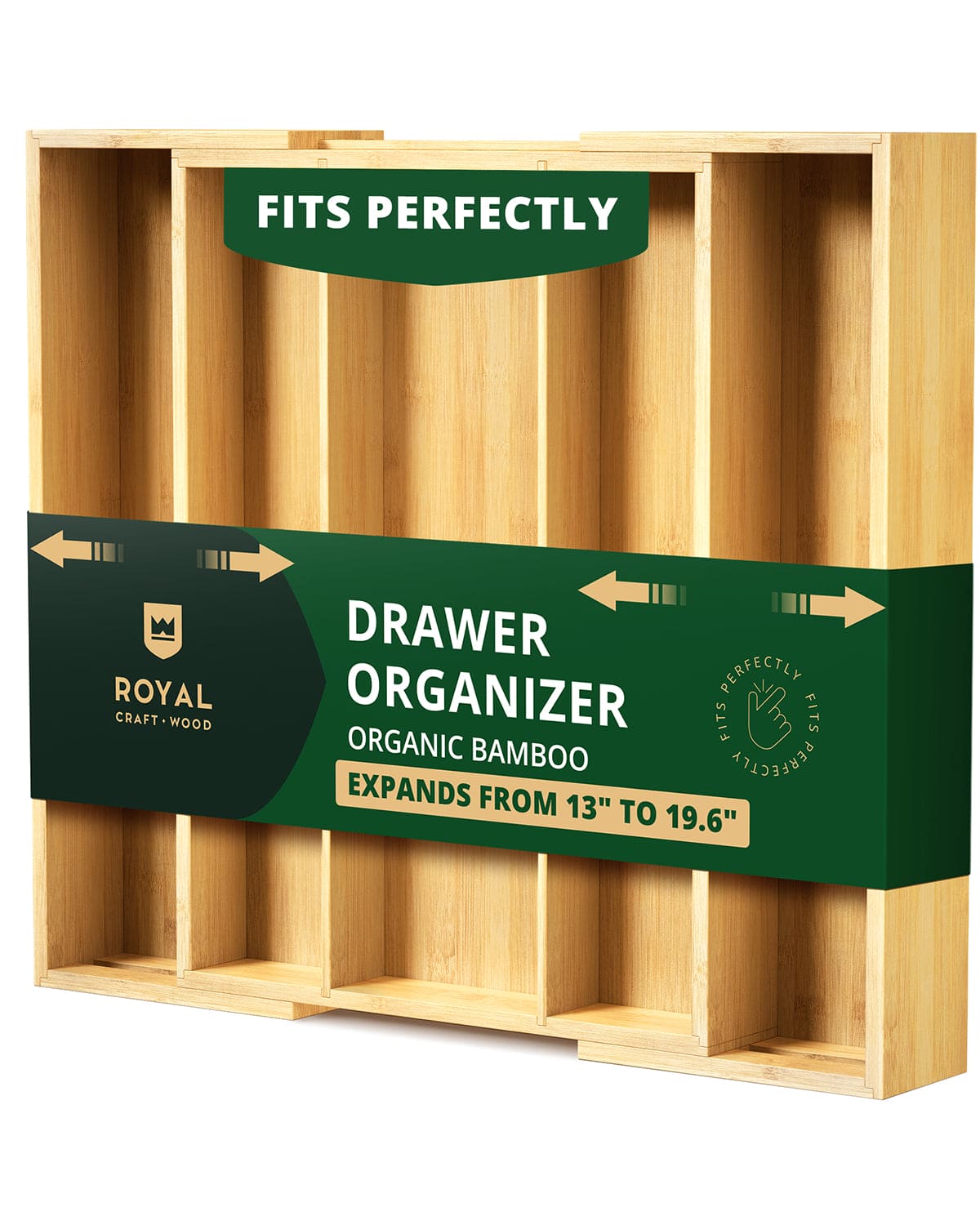 Natural bamboo wood five slot utensil drawer organizer tray for silver flatware