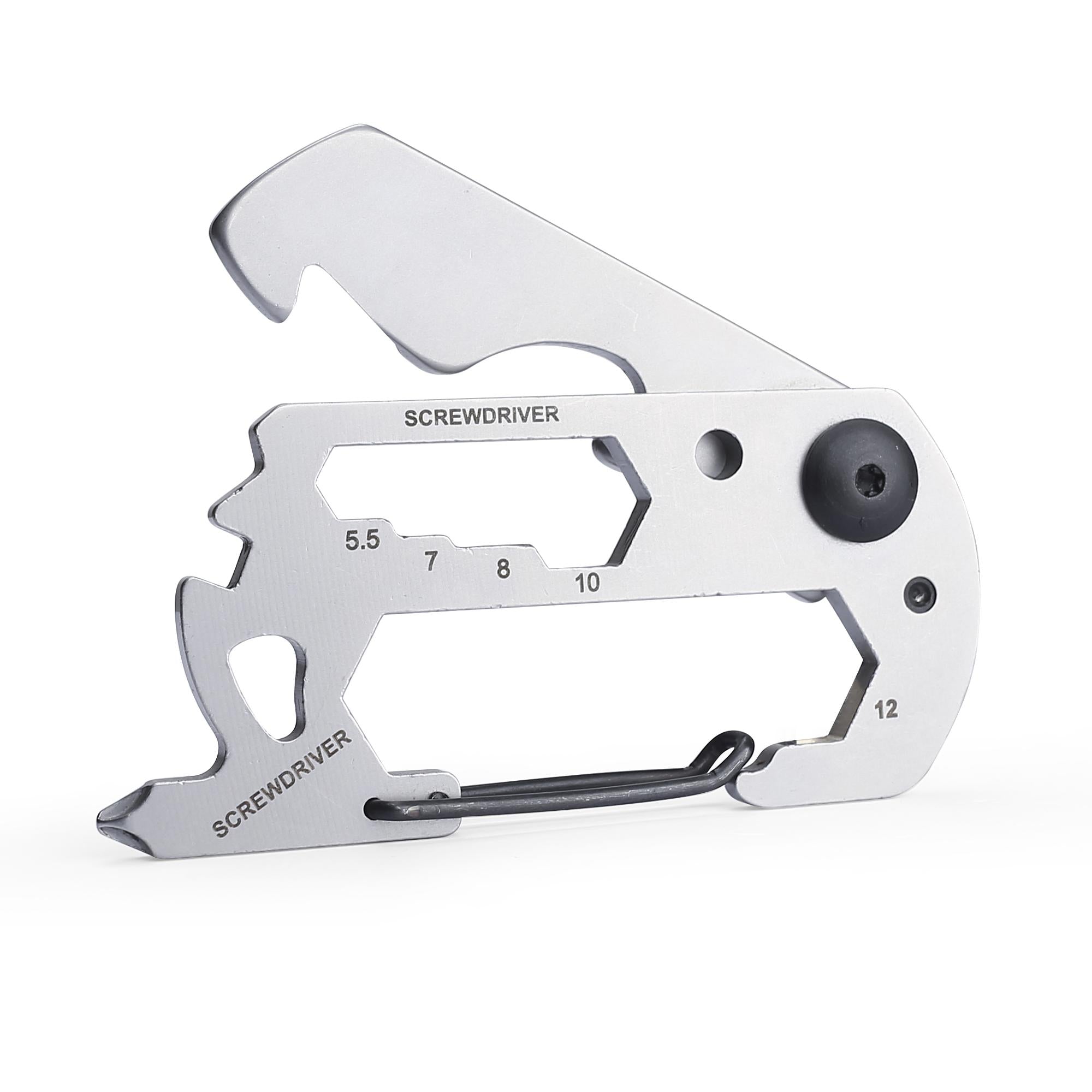 Black 10-in-1 stainless steel EDC pocket multitool with carabiner wrenches and screwdrivers for outdoor survival