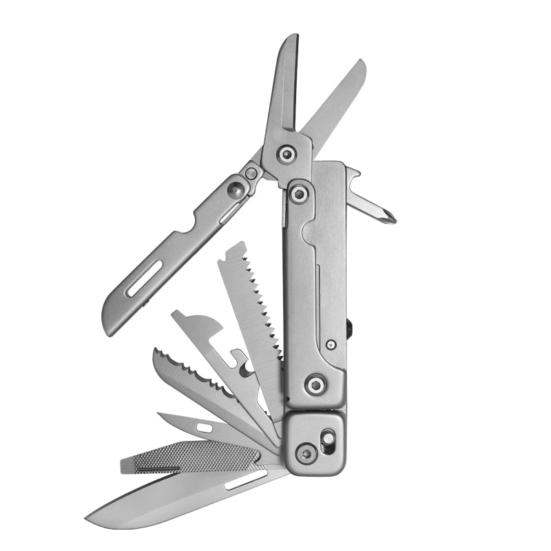 Stainless steel folding pocket multitool pliers with keychain attachment, featuring various extended functional tool blades — view 2