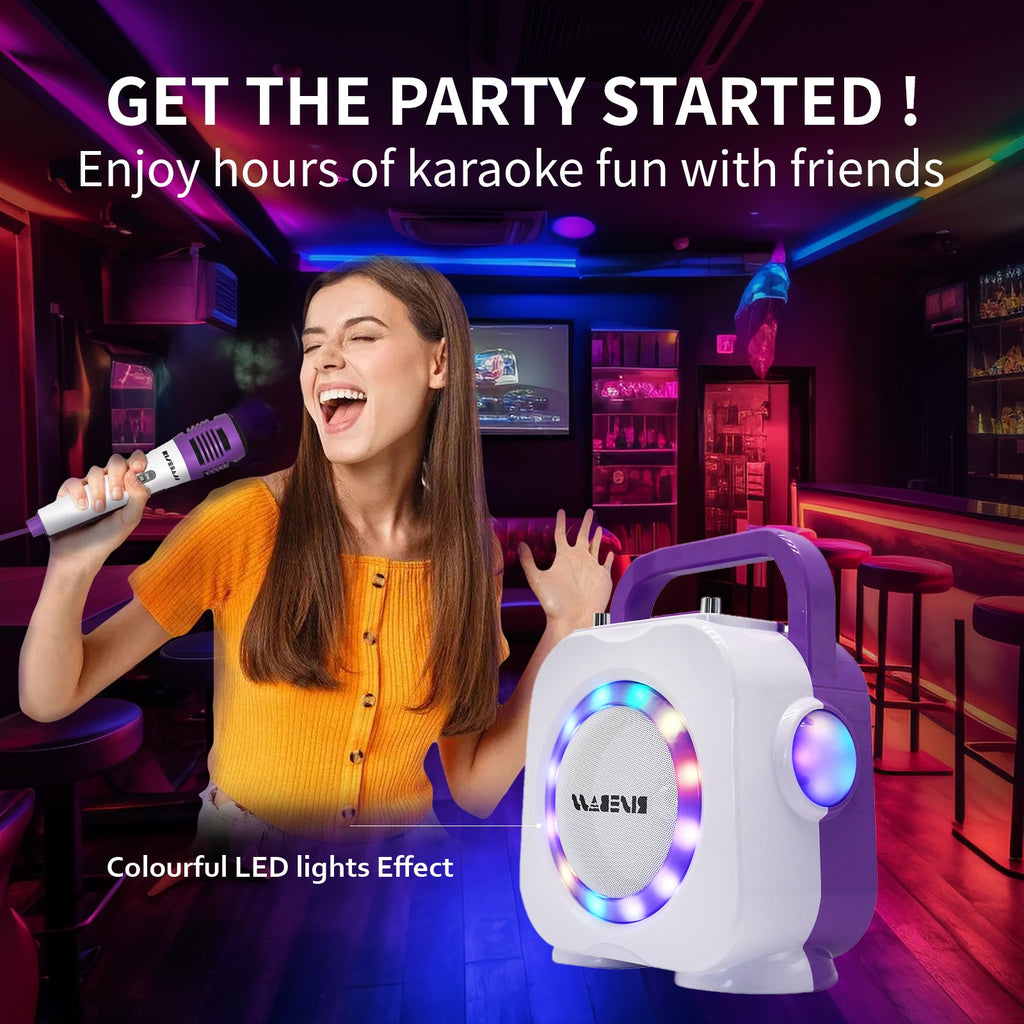 Purple kids Bluetooth karaoke machine with two wired microphones and colorful built in LED lighting effects — view 5
