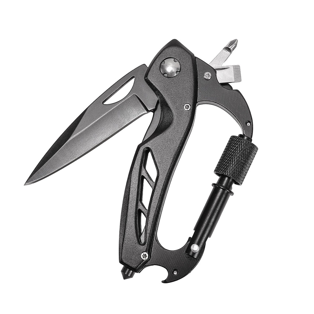 EDC carabiner multitool knife featuring a sharp stainless steel blade and rugged aluminum handle — view 2