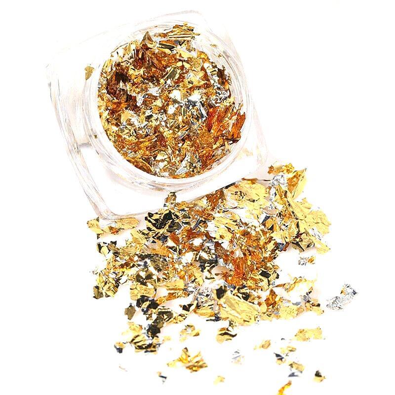 Six vibrant colors of mirror effect nail art glitter powder and foil flakes in small pots — view 2