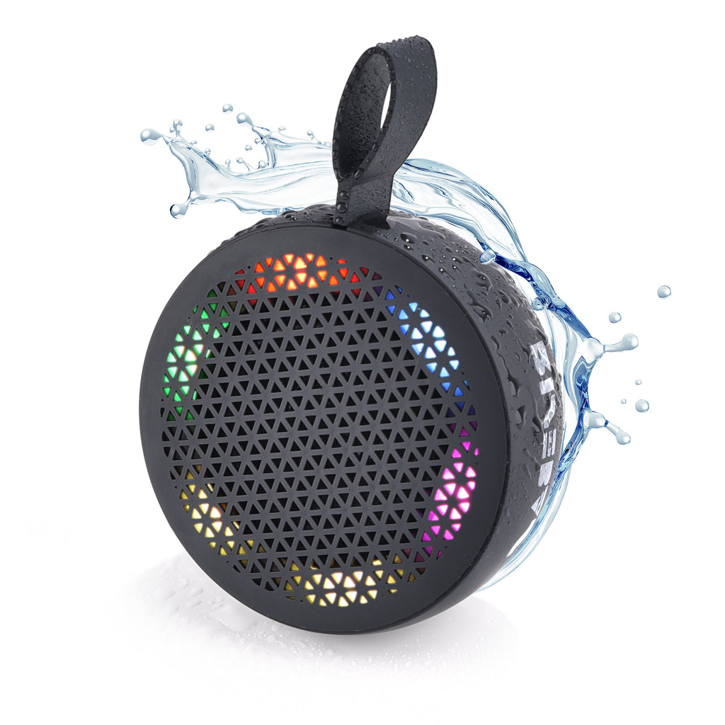 Water resistant Bluetooth shower speaker with built in microphone and push controls