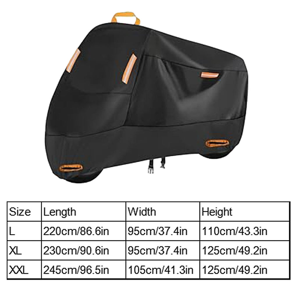 Black waterproof motorcycle cover over a bike featuring reflective safety strips and secure windproof straps — view 3