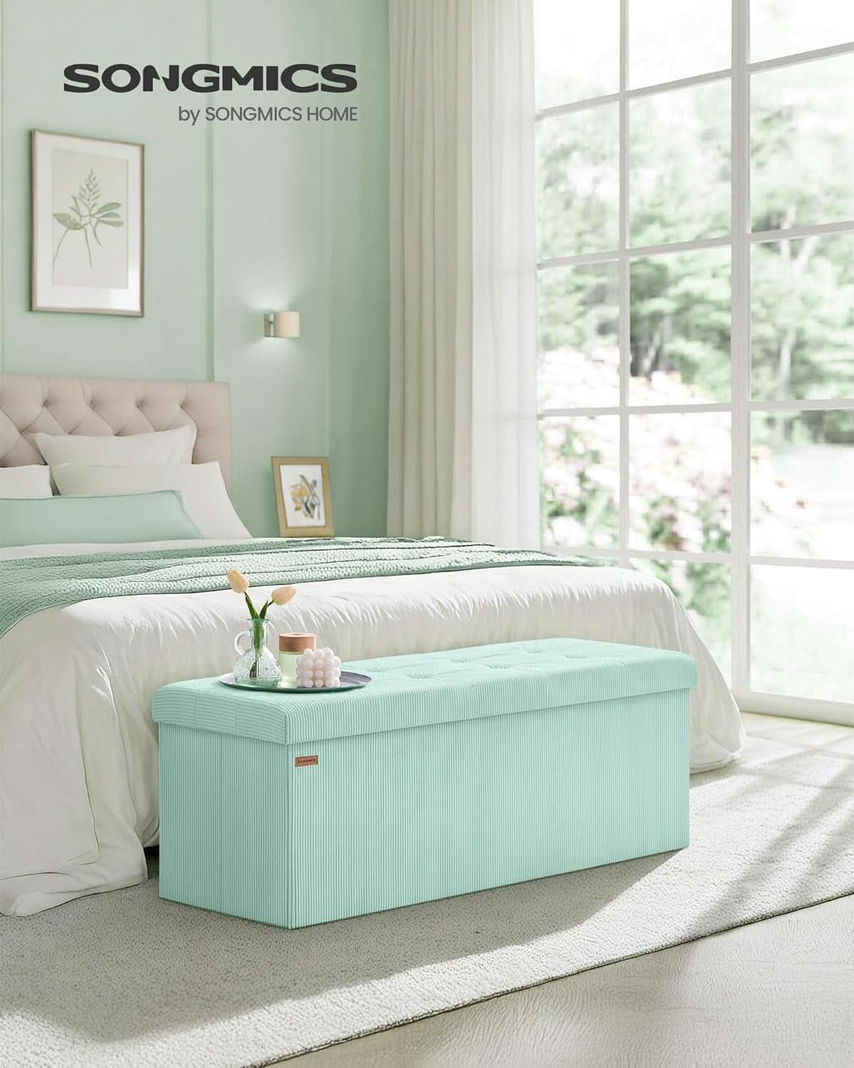 Moonlight green foldable corduroy storage ottoman bench with tufted lid and divided interior. — view 2