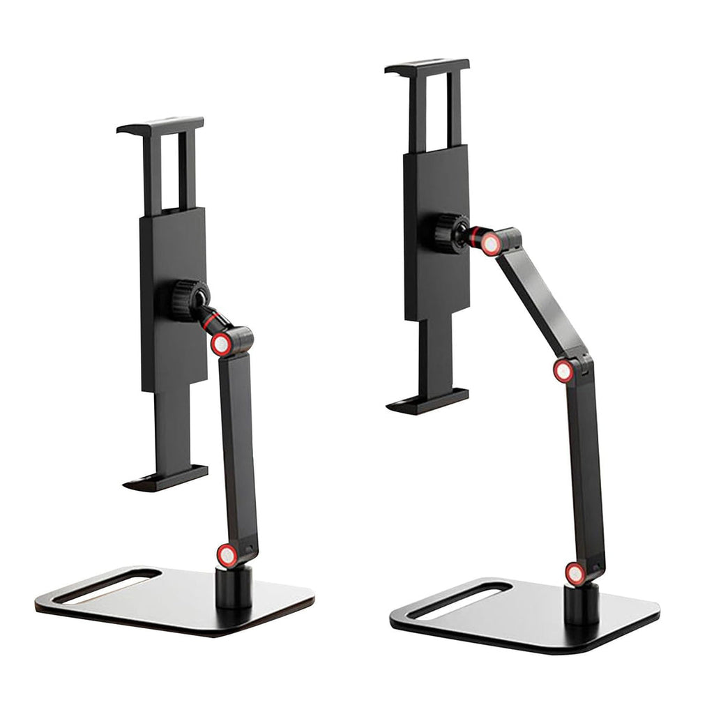 Adjustable carbon steel folding phone and tablet stand positioned upright for a home office desk setup — view 2
