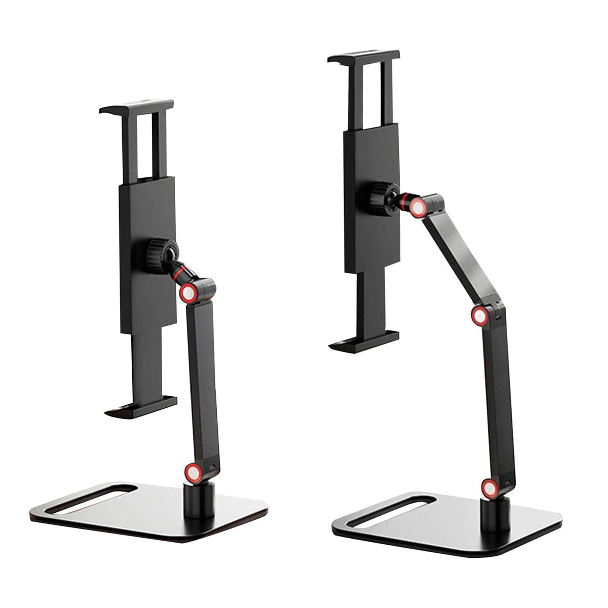 Adjustable carbon steel folding phone and tablet stand positioned upright for a home office desk setup — view 2