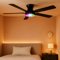 52-inch black smart ceiling fan with five wood blades and integrated LED light fixture