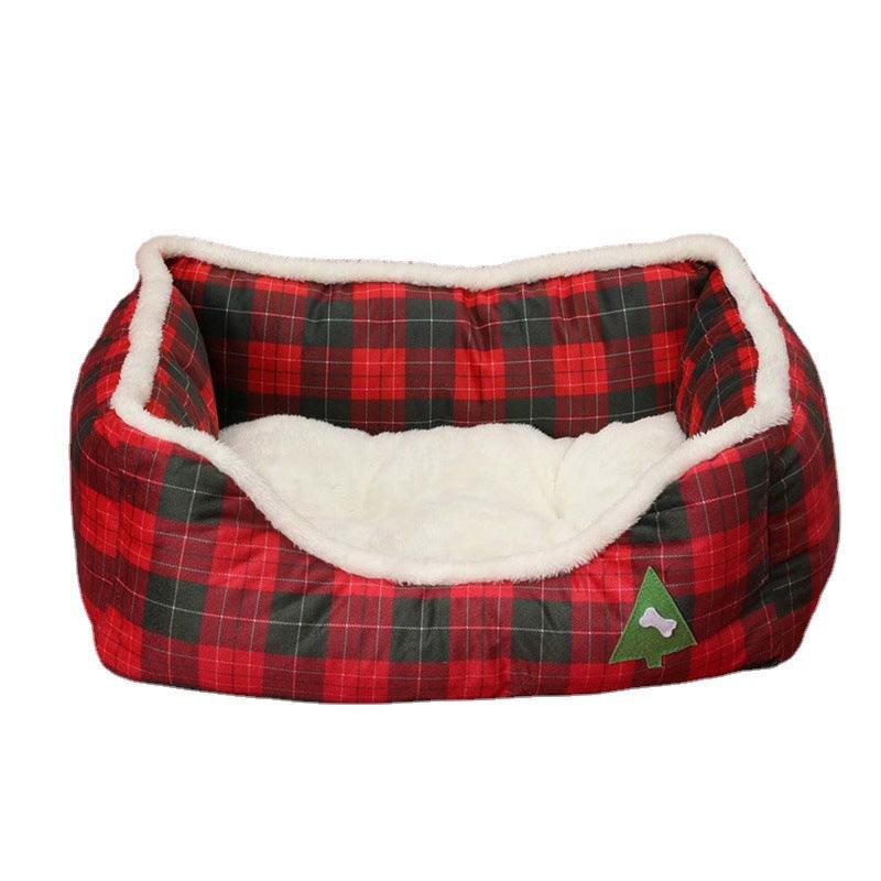 Luxury festive pet bed with red lattice pattern, plush exterior, and cozy lambswool interior. — view 5