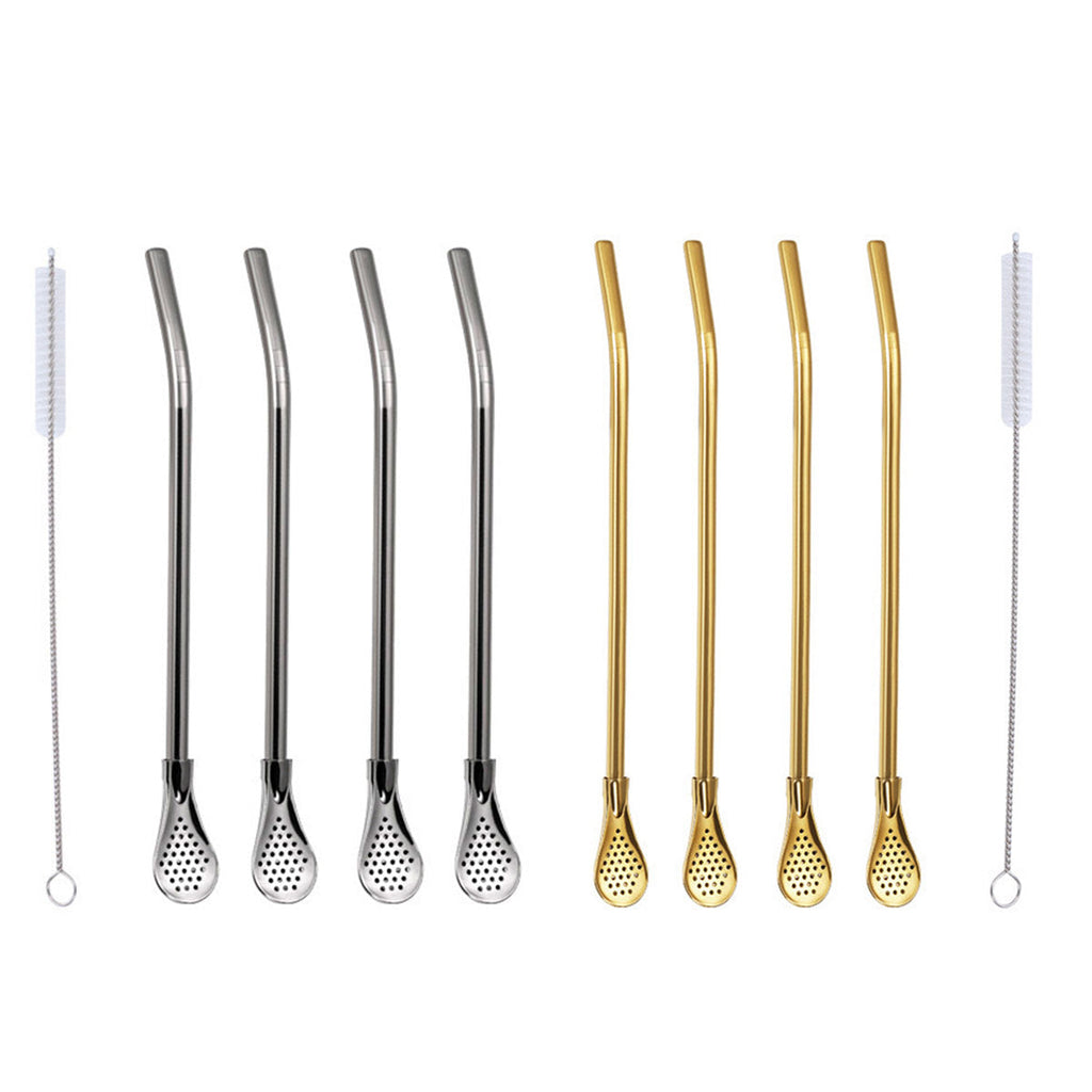 Reusable stainless steel straw spoon set with removable filter and cleaning brush for hot beverages — view 2