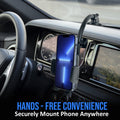 Black long neck car phone mount with anti-shake cradle holding a smartphone on a dashboard