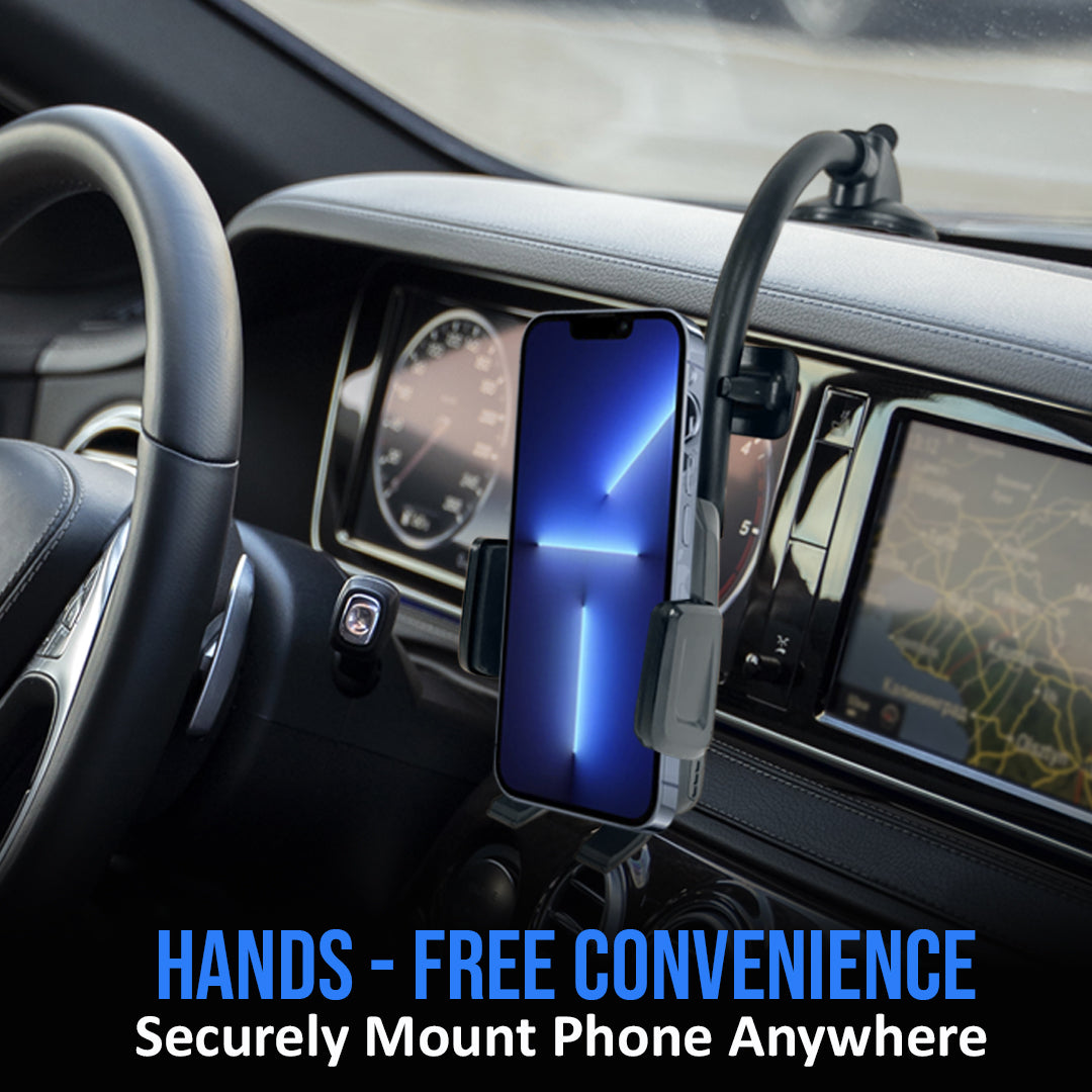 Black long neck car phone mount with anti-shake cradle holding a smartphone on a dashboard