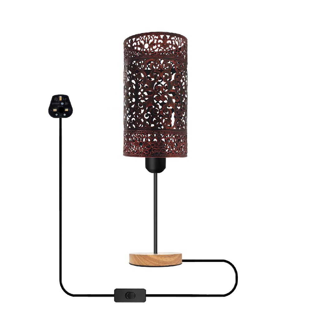 Industrial wire cage table lamp with wooden base black metal shade and exposed bulb — view 5