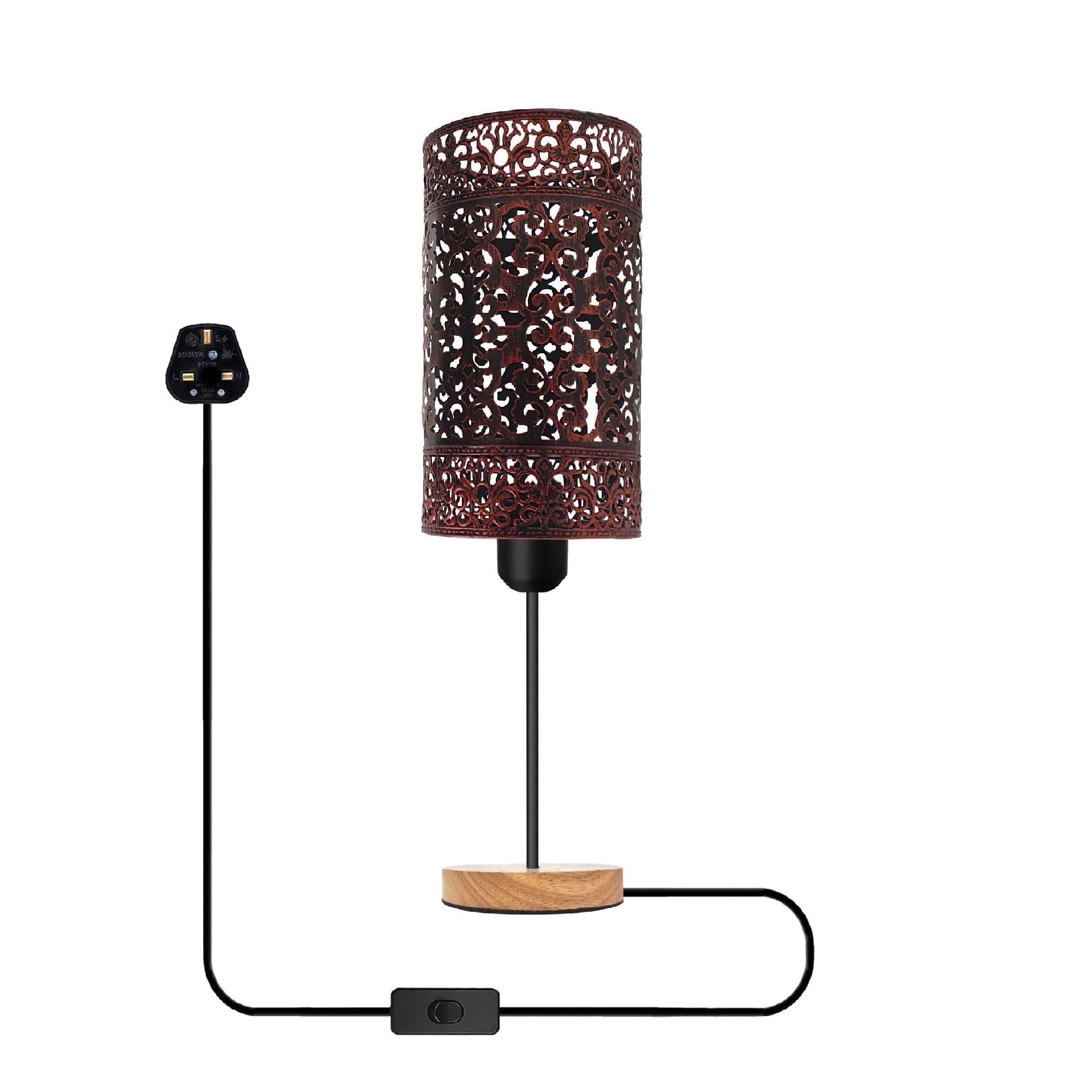 Industrial wire cage table lamp with wooden base black metal shade and exposed bulb — view 5