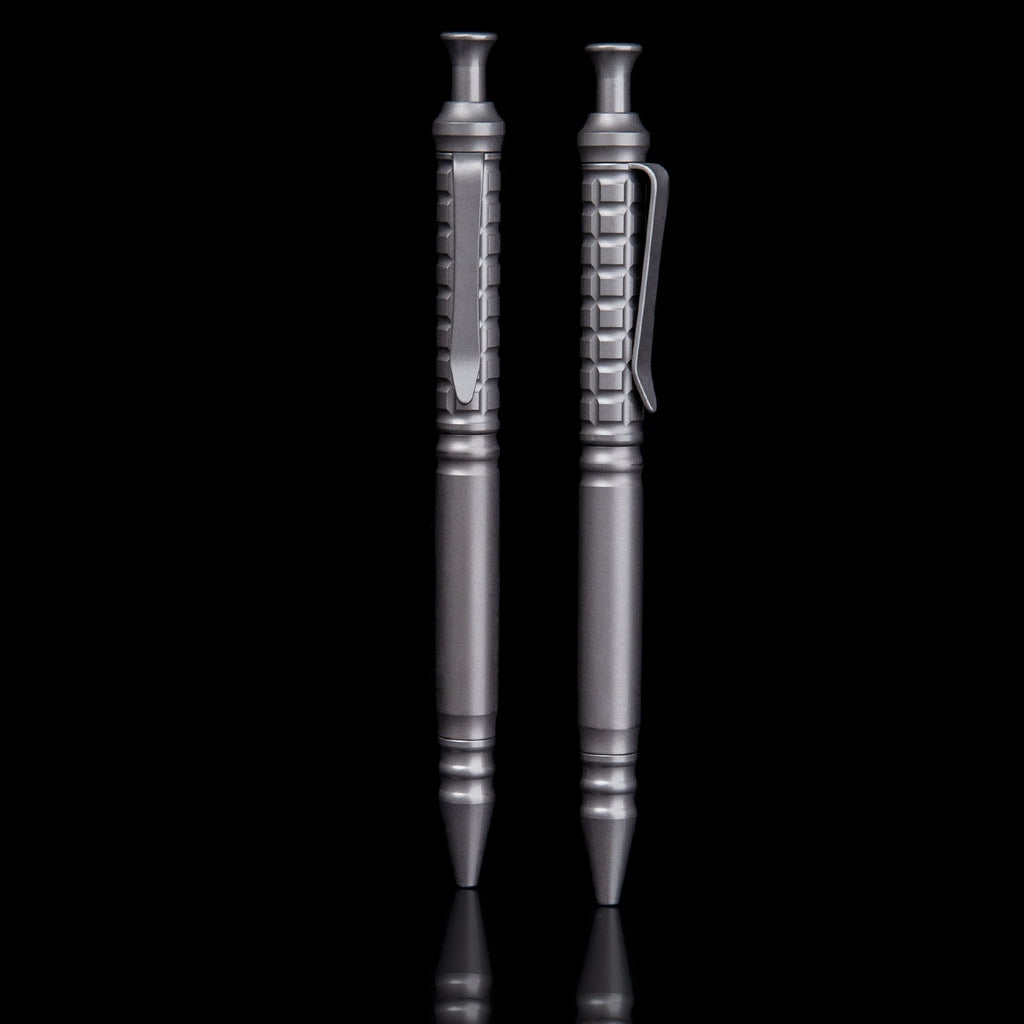 Compact titanium tactical pen with pocket clip and textured anti-slip grip for everyday carry — view 2