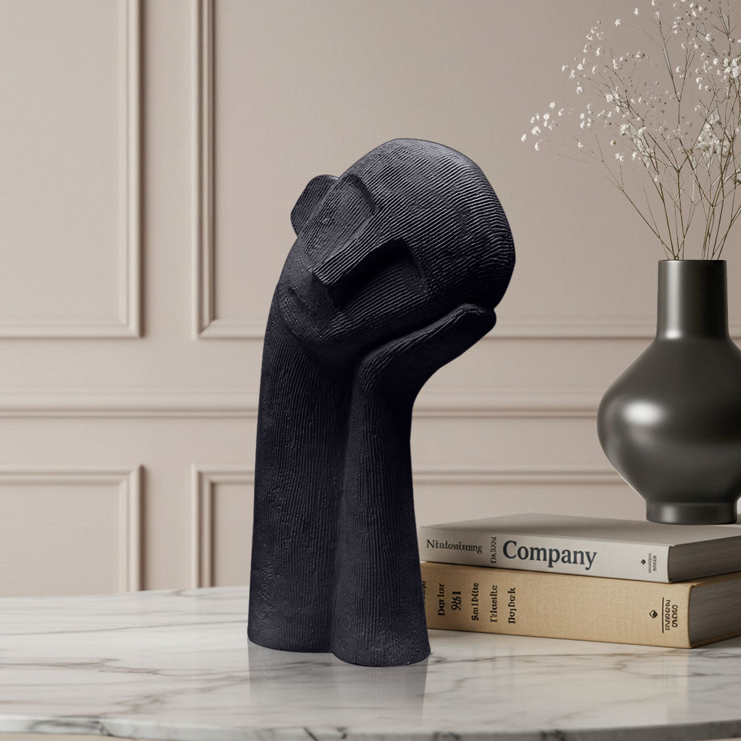 38cm matte black minimalist resin sculpture with linear texture and symbolic design for home decor — view 3