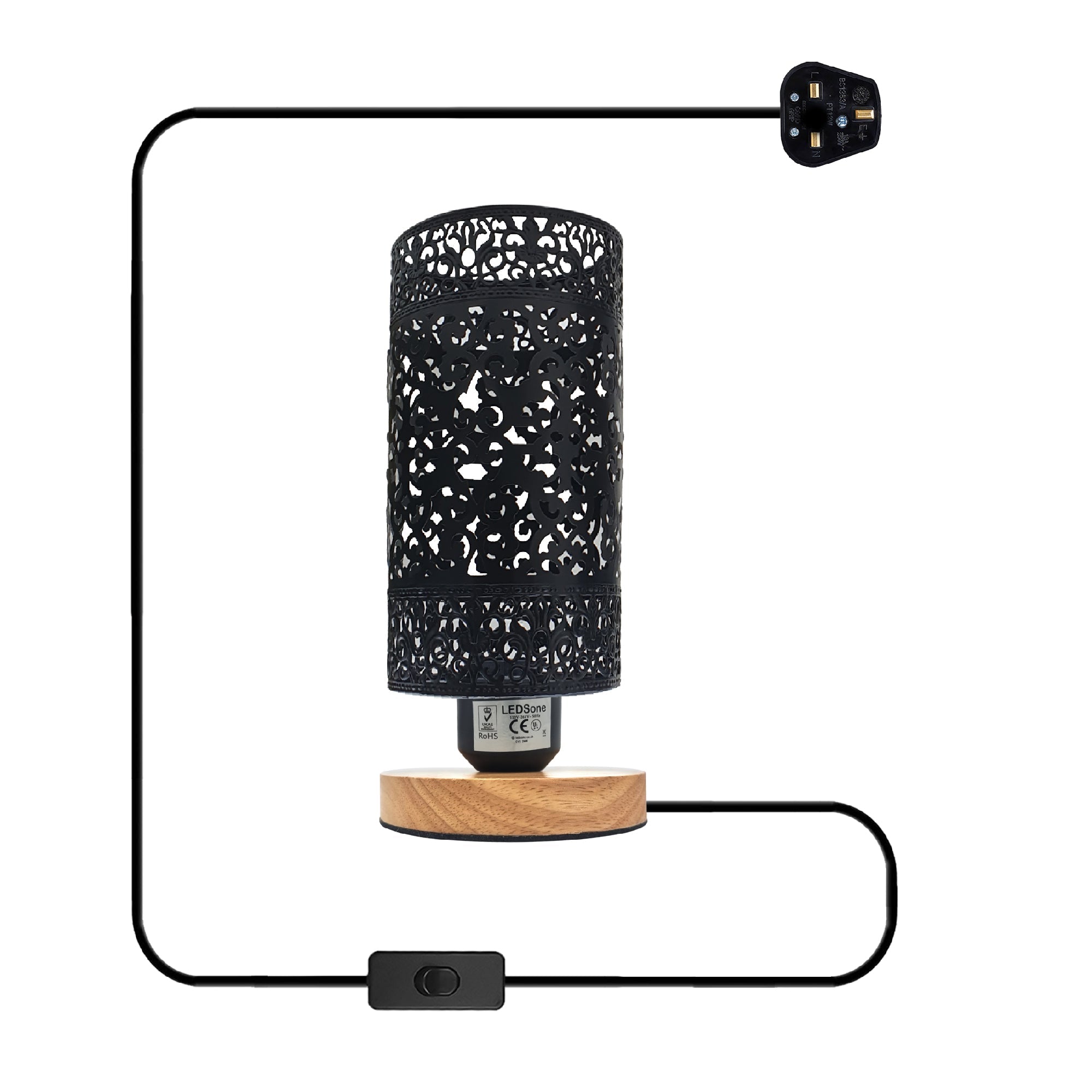 Industrial bedside table lamp with black metal wire cage shade and a natural wood base — view 2