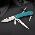 7-in-1 stainless steel pocket knife multitool with black plastic handle and multiple deployed utility blades
