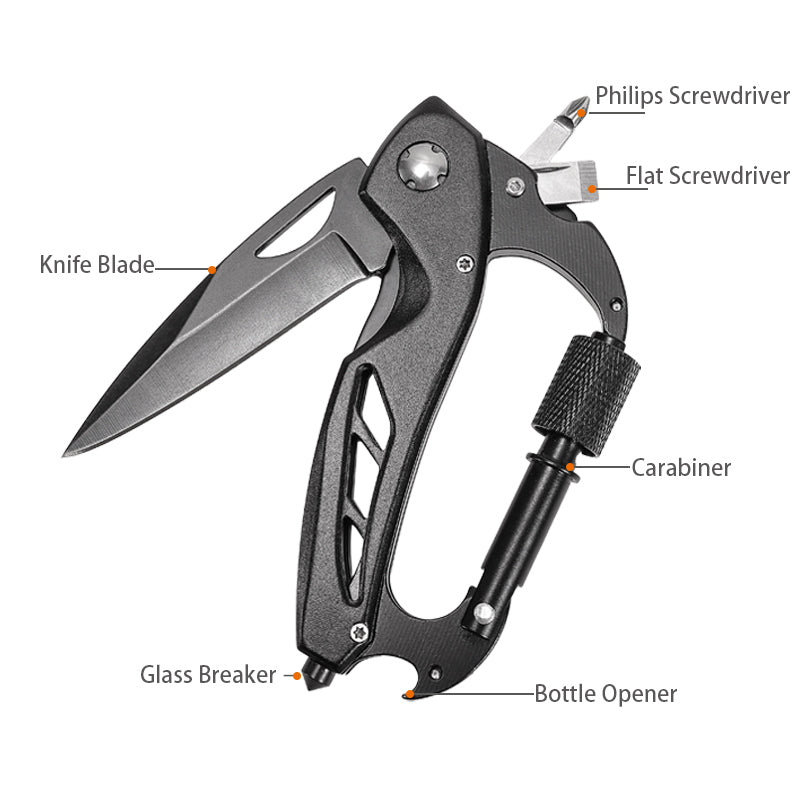 EDC carabiner multitool knife featuring a sharp stainless steel blade and rugged aluminum handle — view 3