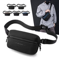 Sleek black fanny pack waist bag in durable nylon with multiple zippered compartments and adjustable strap