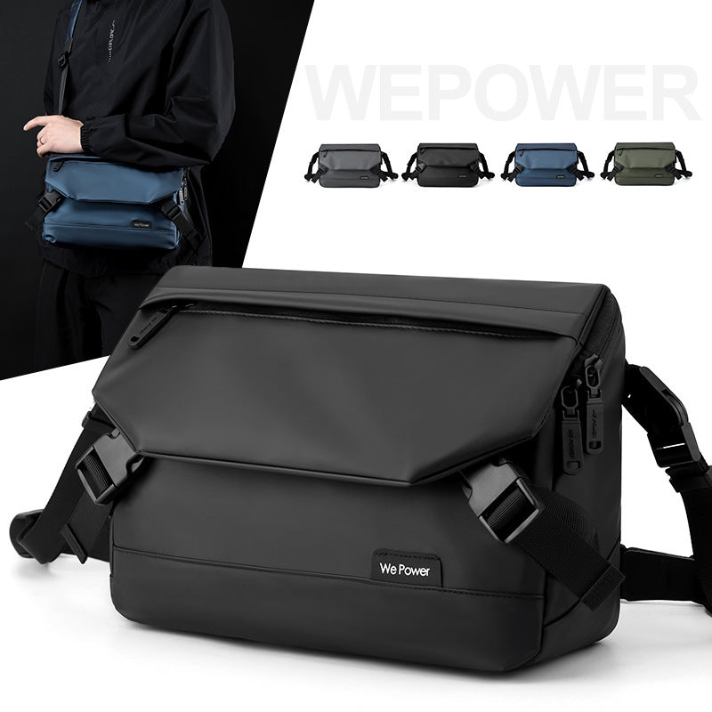 Black water-resistant minimalist men's messenger bag with adjustable shoulder strap and sleek flap design. — view 2