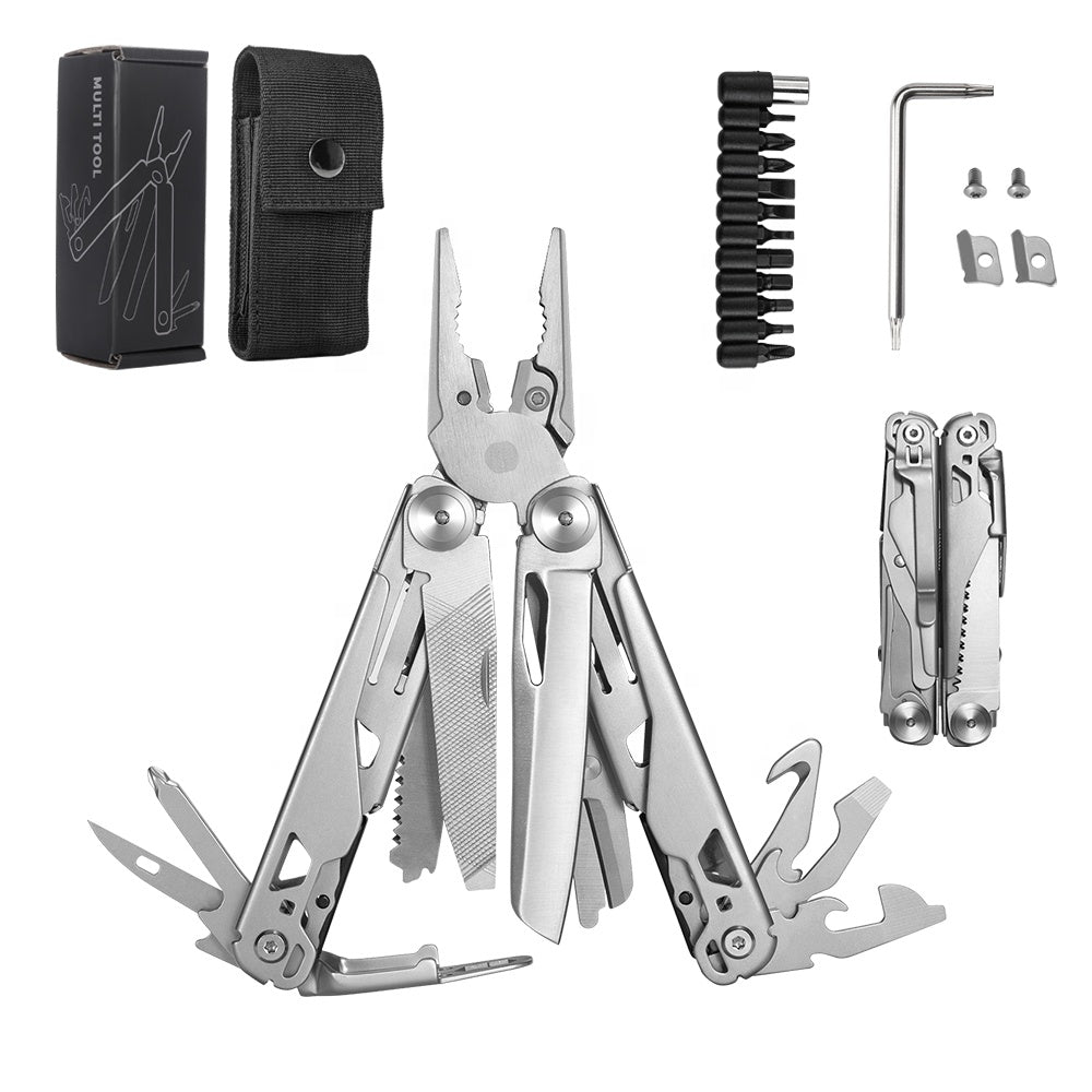 Silvery 18-in-1 stainless steel folding multitool showing pliers, knife, saw, and pocket clip. — view 2