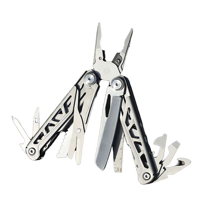 Stainless steel foldable multitool with open pliers scissors screwdriver and saw on a white background — view 2