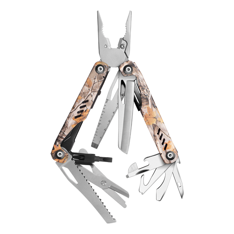 Wautton 17-in-1 folding outdoor survival multitool showing open pliers blades and various screwdriver attachments — view 2