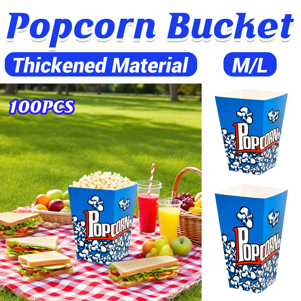 Disposable blue paper popcorn boxes with vintage print for snacks, fries, and movie nights.