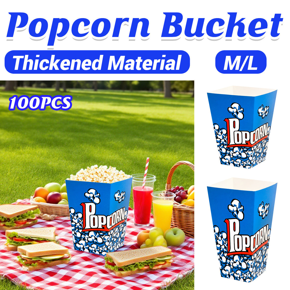 Disposable blue paper popcorn boxes with vintage print for snacks, fries, and movie nights.