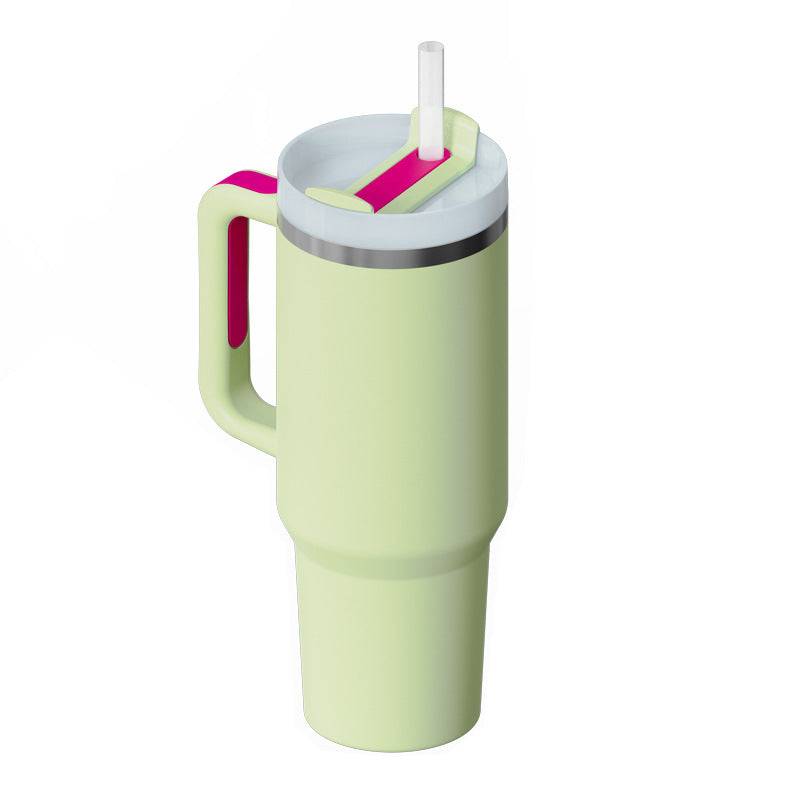 Large 40 oz stainless steel insulated travel mug with side handle and drinking straw lid — view 3