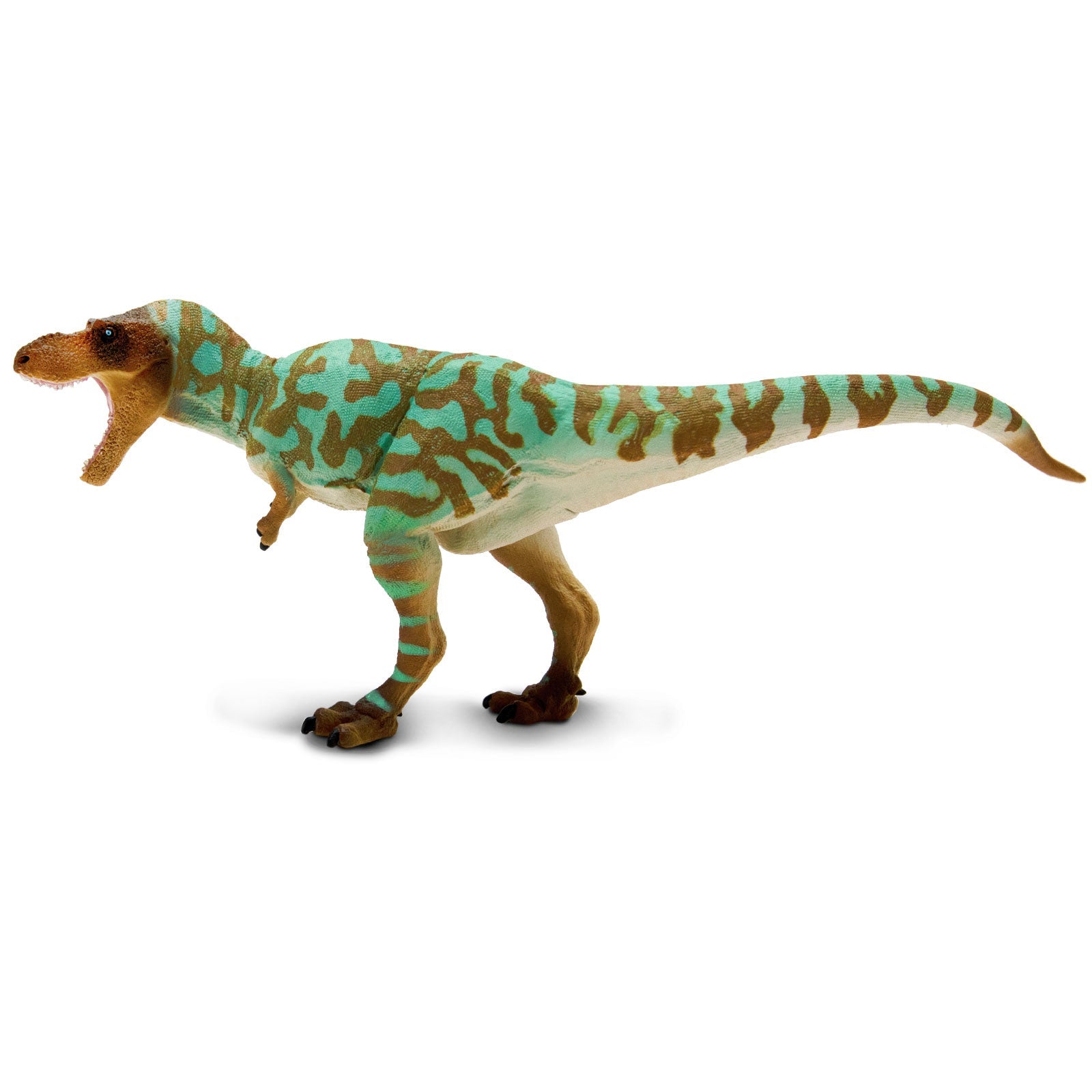 Albertosaurus toy dinosaur figure in brown and aqua camouflage pattern standing on white background