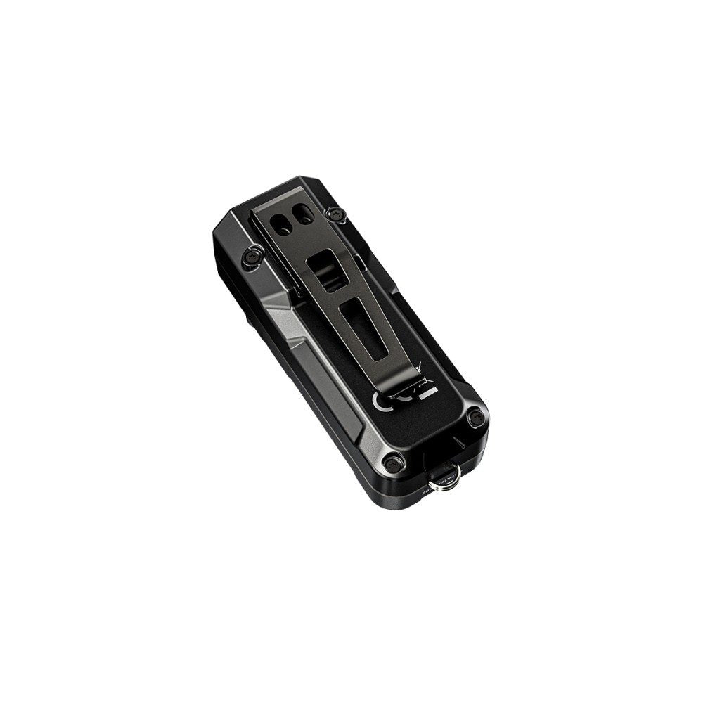 Black intelligent keychain flashlight with OLED display, metal keyring, and multiple LED color temperatures — view 5
