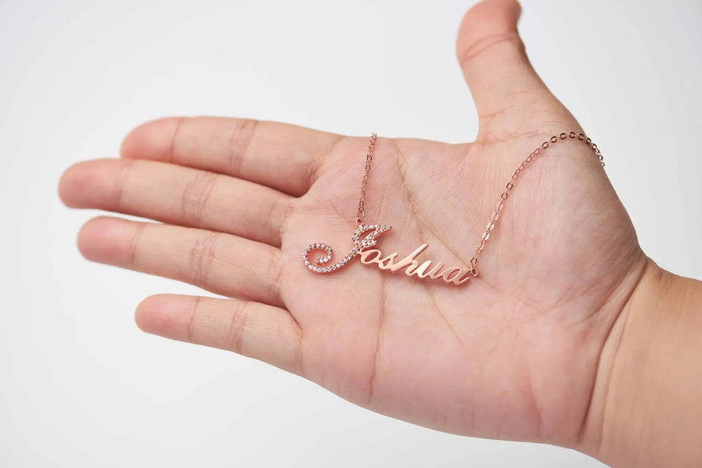 Personalized full silver diamond pendant necklace displaying custom nameplate on adjustable chain — view 4