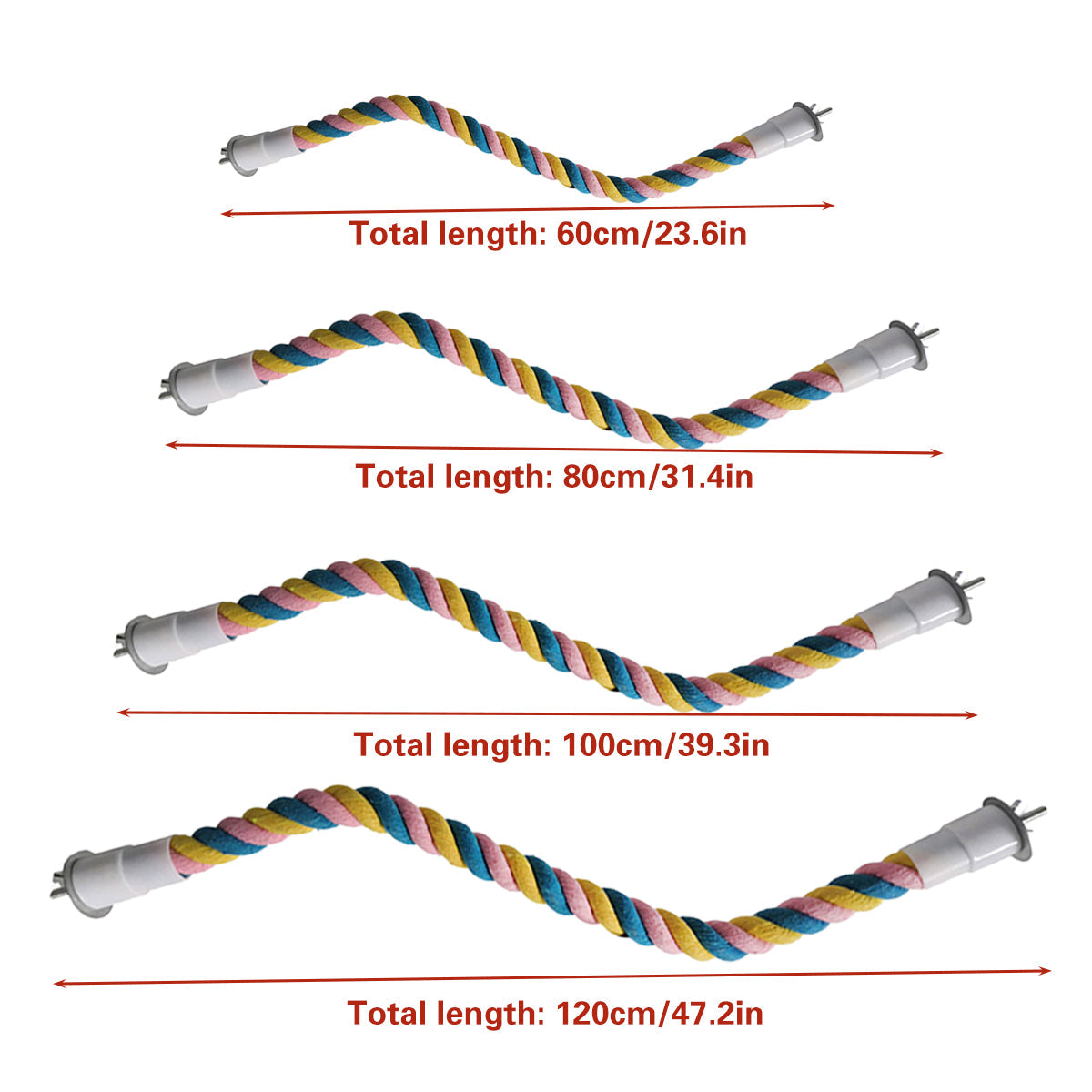 Flexible multicolour U-shaped cotton rope bird perch and climbing toy with metal screw attachments. — view 3